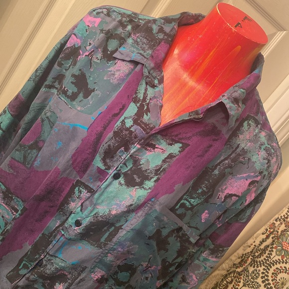VINTAGE IN PRIVATE SILK Purple and Blue Casual Button Down Shirt Blouse - Picture 7 of 7